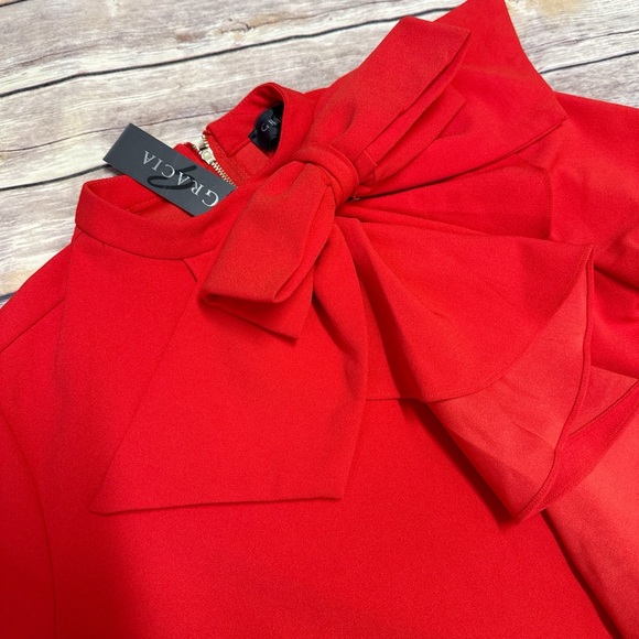 Gracia Women’s Big Shoulder Bow & Ruffles Shift Dress In Red Size S - Picture 3 of 6